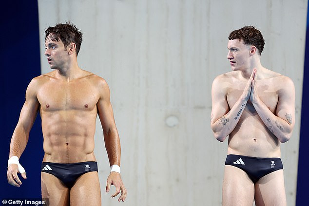 Tom Daley (left) and Noah Williams of Team Great Britain train at Olympic Aquatics Centre ahead of the Paris 2024 Olympic Games on July 22