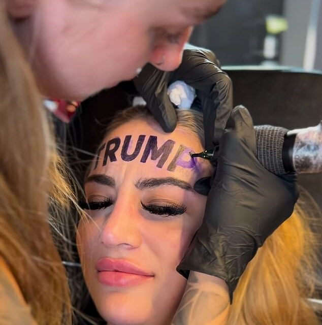 Shocking moment OnlyFans model Rain Monroe tattoos TRUMP on her face