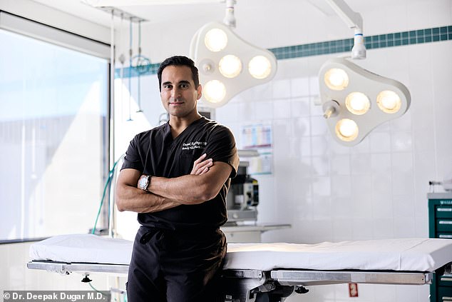 The OnlyFans model, 20, worked with Beverly Hills-based surgeon Dr. Deepak Dugar (pictured), who specializes in what he calls the 'scarless nose job'