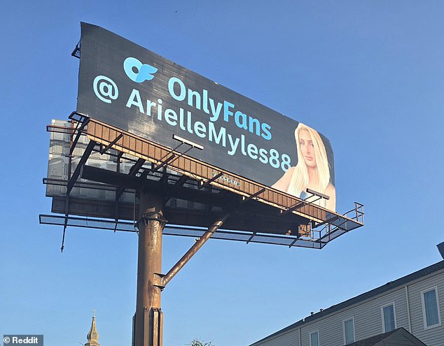 The billboard located in Central City near the Caesers Superdome features the caption 'Only Fans @ArielleMyles88' with a modest photo of Baker- in sharp contrast to the seductive and racy photos - splashed all over her account