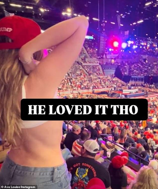 OnlyFans model Ava Louise, 26, was thrown out of Donald Trump 's New York rally after flashing her breasts at the former president