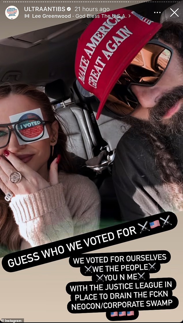 On Tuesday, the Emmy Award-winning actress, 52, shared a selfie that showed her wearing an 'I Voted' sticker as she sat in the passenger seat next to her boyfriend, Michael Devin, who sported a red 'Make America Great Again' baseball cap