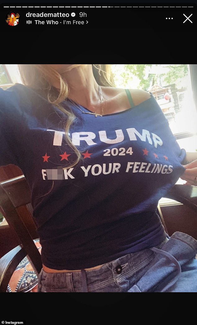 'Research your reality. Not on Google's first 20 hits,' she told her fans, before posting a photo of herself in a 'TRUMP 2024' t-shirt, which had 'F**K YOUR FEELINGS' written across her chest