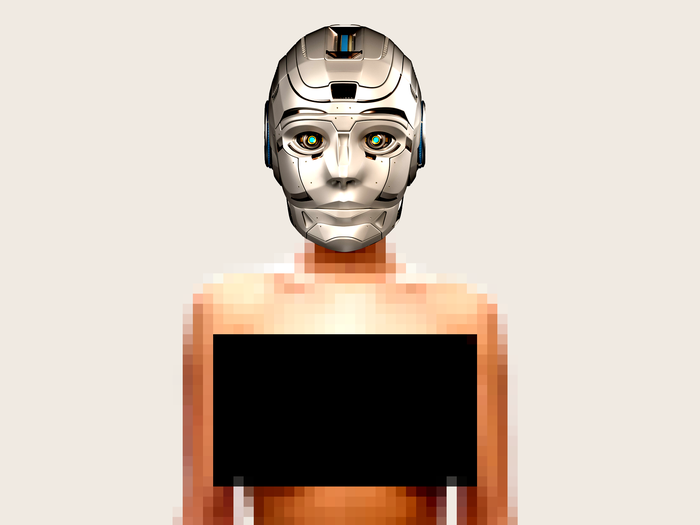 A robot head on a woman's body