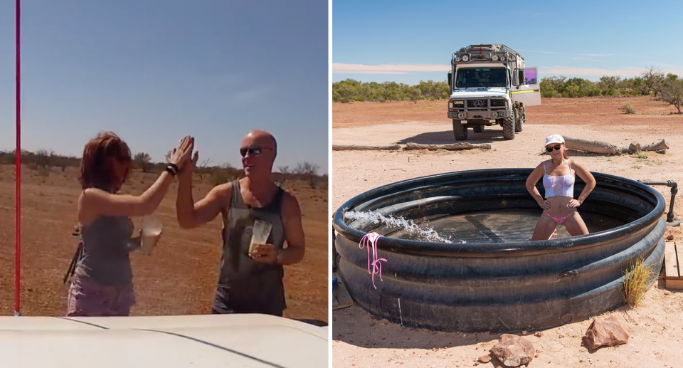 Trish and Iain high-five in front of their Unimog truck holding a beer each (left) and Trish poses in the artisan pool in Clayton with the truck in the background (right). 