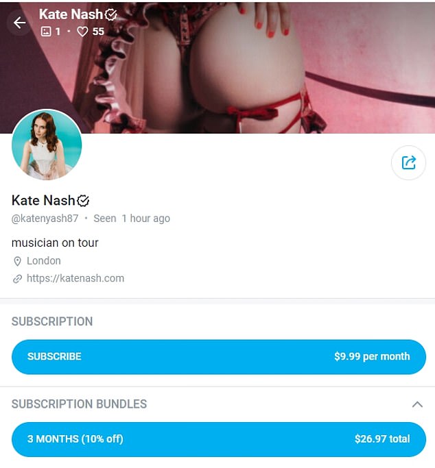 While the link to her site reveals another raunchy photo of her bottom in another pink thong and sexy suspenders, with her bio reading: 'musician on tour'