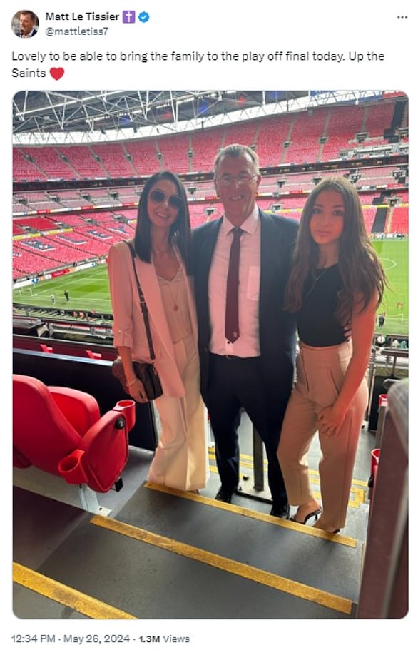 Matt Le Tissier (centre) had posted a picture of himself and two of his family members, including his daughter Ava (right) on X (formerly Twitter)