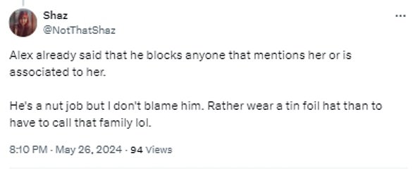 One user also added: 'Alex already said that he blocks anyone that mentions her or is associated'