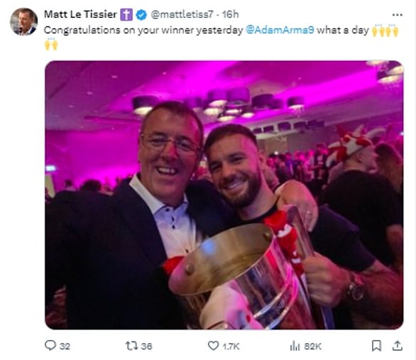 Le Tissier (left) was later seen celebrating with goal scorer Adam Armstrong (right) after the match