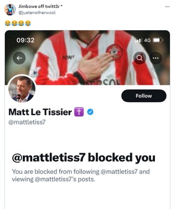 One user posted a screen shot of Le Tissier blocking them from the social media platform
