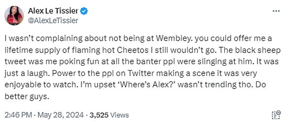 She would later clarify what she meant stating: 'The black sheep tweet was me poking fun at all the banter people were slinging him [Le Tissier]'