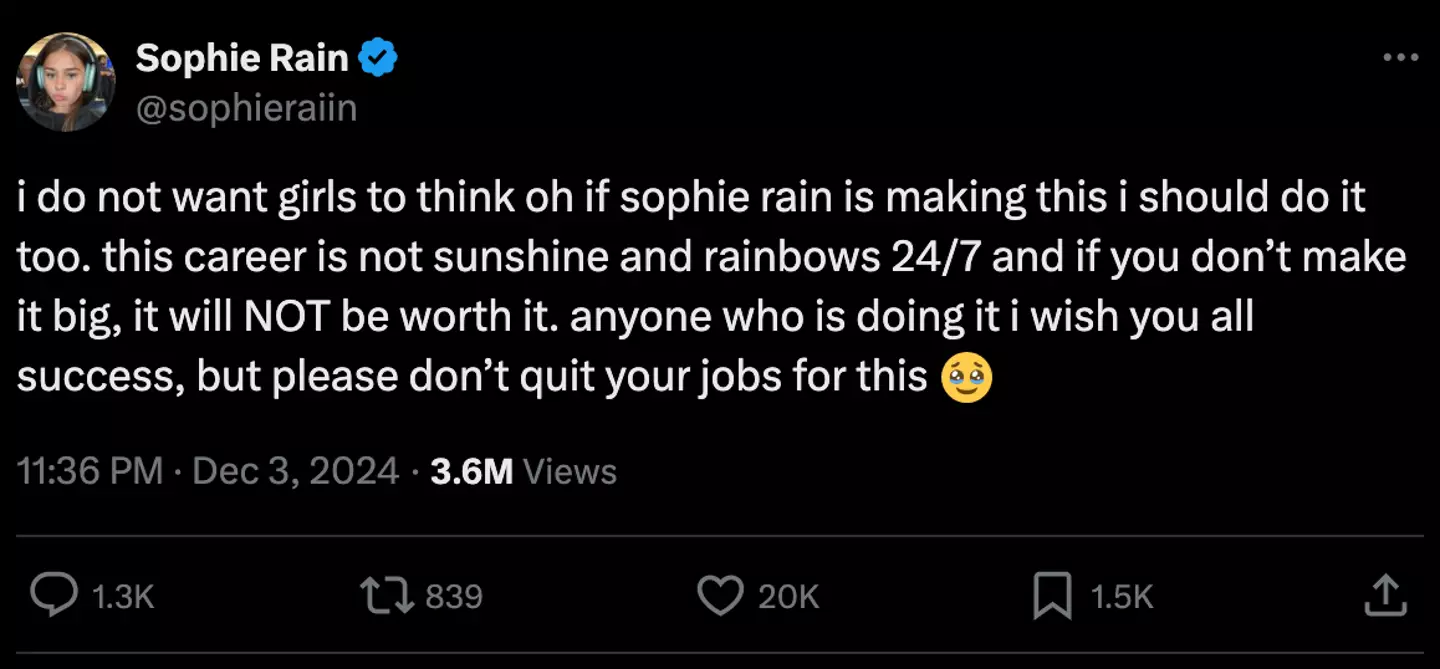 Sophie Rain issued a warning about OnlyFans (X)