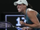 Madison Keys of the U.S. celebrates after defeating Iga Swiatek of Poland in their semifinal match at the Australian Open.