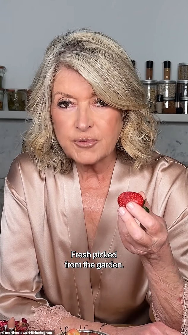 Martha, who became the oldest woman ever to pose for the Sports Illustrated Swimsuit Issue at 81, started off her steamy video by munching on a juicy strawberry