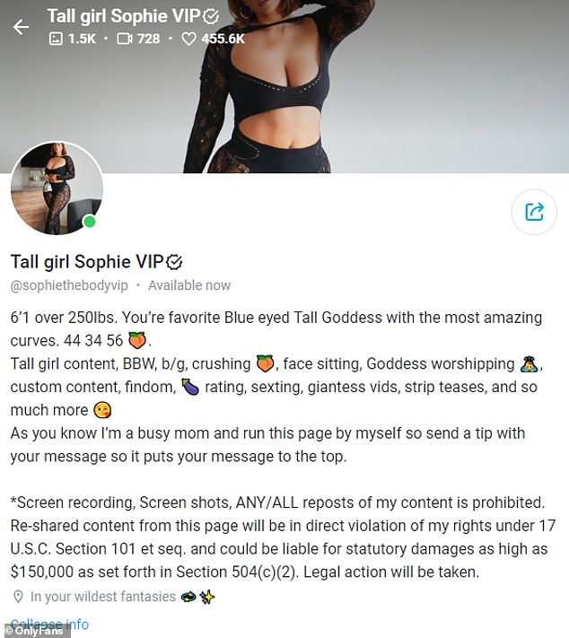 Hall's OnlyFans subscription account offers everything from 'tall girl content, BBW, b/g, crushing, face-sitting, goddess worshipping' and 'giantess vids' for $57.60 a year