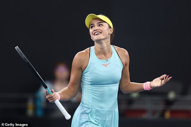 Rodionova celebrates after defeating former Australian Open champion Sofia Kenin at the Brisbane International last year