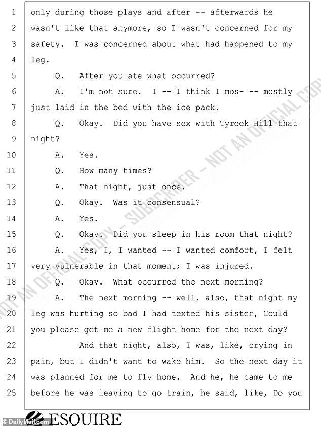 Court filings of the October 2024 deposition reveal Hall admitted to sleeping in Hill's bed and having sex with him despite allegedly suffering from a broken leg