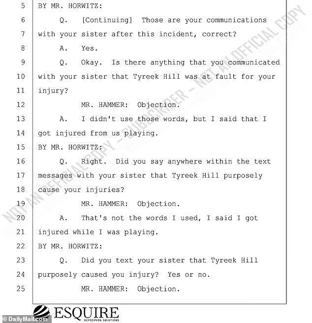 Hill's attorney Robert Horwitz asked Hall if she texted anything to her sister Abi in the aftermath of the incident to indicate that Hill had purposely caused the injuries