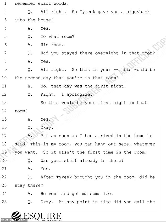 She also claimed Hill helped her up and gave her a piggyback ride to his bedroom after the incident at his mansion in Southwest Ranches, Florida