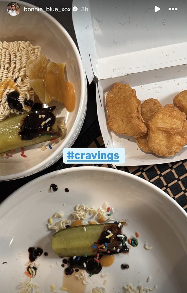 She shared a snap of pickles covered in chocolate sauce and sprinkles as well as dry noodles and chicken nuggets, which she captioned with, '#Cravings'