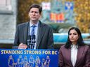 B.C. Premier David Eby and Deputy Premier Niki Sharma at a news conference regarding legislation that would have given cabinet wide powers to respond tariffs imposed on Canada by the United States, Thursday, March 13, 2025.