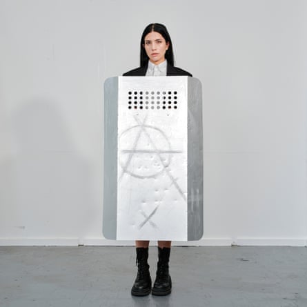 Tolokonnikova holds her art work called Resilience: Riot Shield.