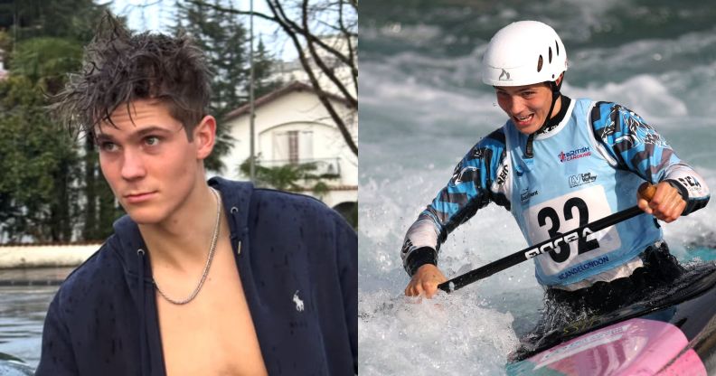 On the left, Canoeist Kurt Adams Rozentals poses topless wearing a cardigan and necklace in a photo on his Instagram account. On the right, Kurt Adams Rozentals in a canoe competing.