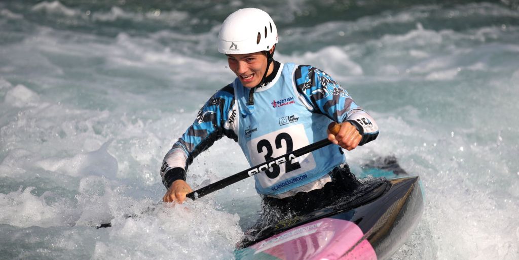 Kurts Adams Rozentals competes in the Men's Canoe Single C1 during a Canoe Slalom British Senior team and Olympic selection trials at Lee Valley White Water Centre on April 22, 2019 in London