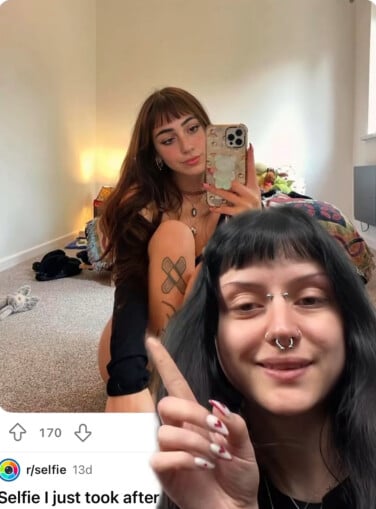Side-by-side comparison of a Reddit post using an altered photo of Bunni (with piercings removed, lighter hair, and smoothed features) labeled “Thinking about getting new tattoos. 19f,” while the real Bunni points at the screen in a video, showing her unaltered appearance